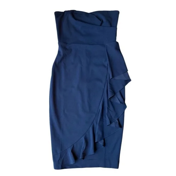 NWOT Dress The Population Liv Womens (L) Navy Blue Ruffled Strapless Midi Dress - Picture 8 of 13